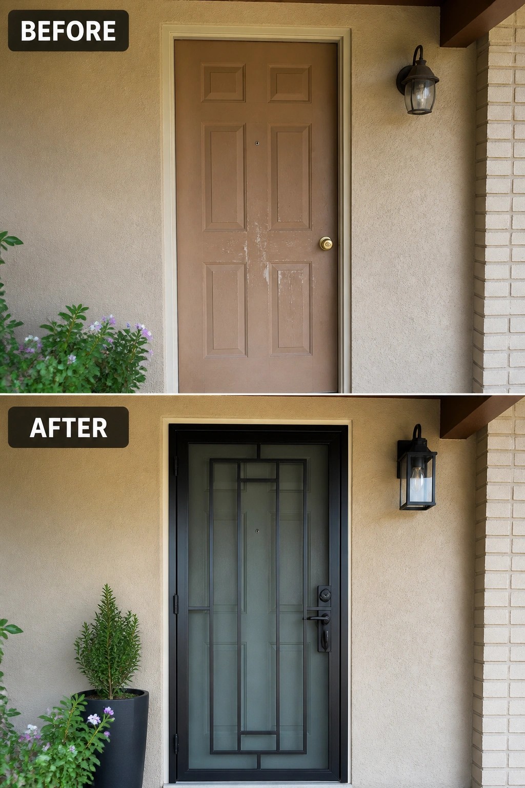 Before-and-after image of a basic brown front door replaced with a modern black-framed glass door on a stucco house exterior.