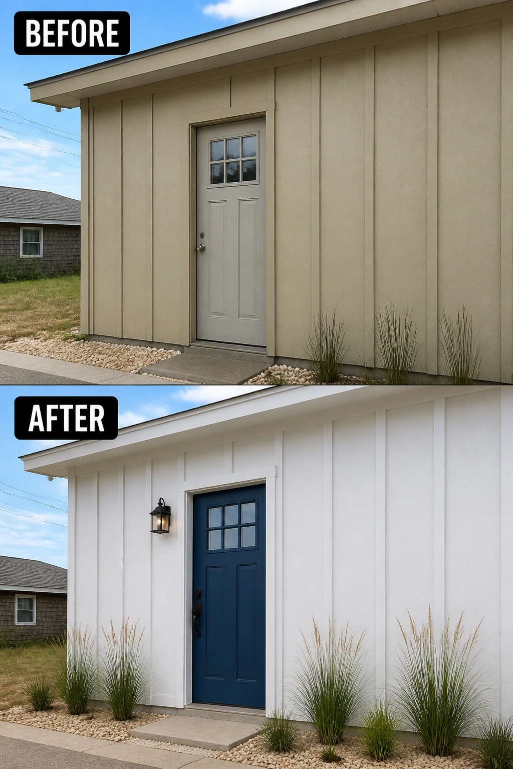Before-and-after house exterior with beige-to-white siding and gray-to-blue door.