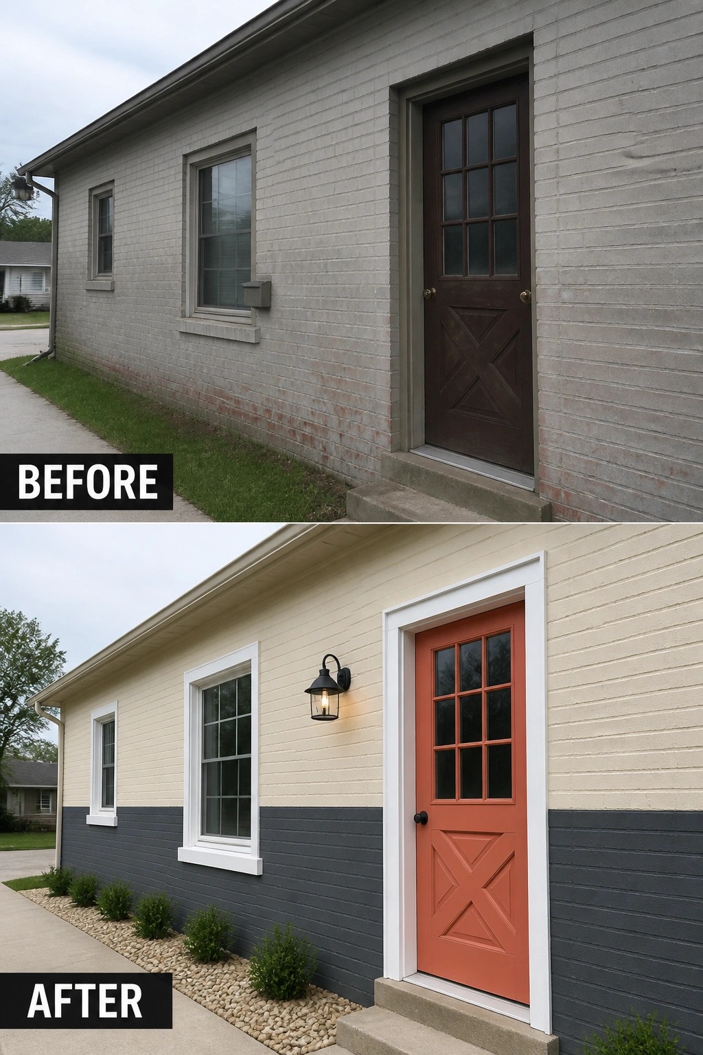 Before and after house exterior with new siding, orange door, and landscaping