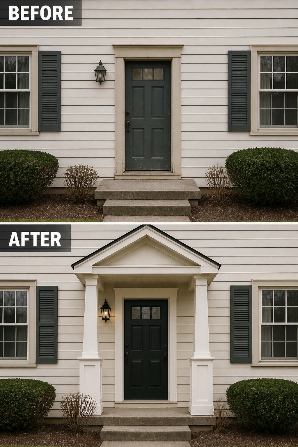 Before-and-after image of a house front door updated with a gabled portico supported by white columns.
