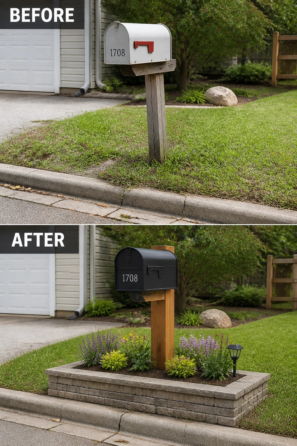 Before-and-after image of a mailbox on a wooden post changed by adding a low stone raised garden bed filled with plants and mulch.