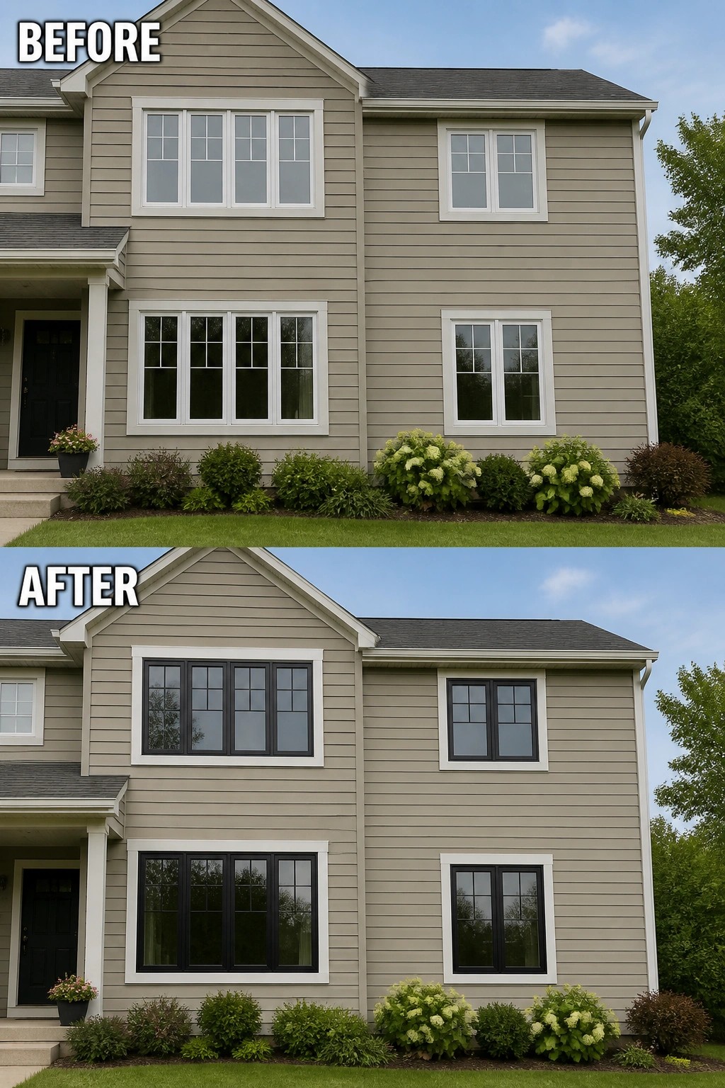 Before-and-after image of a house exterior with white window frames changed to black.