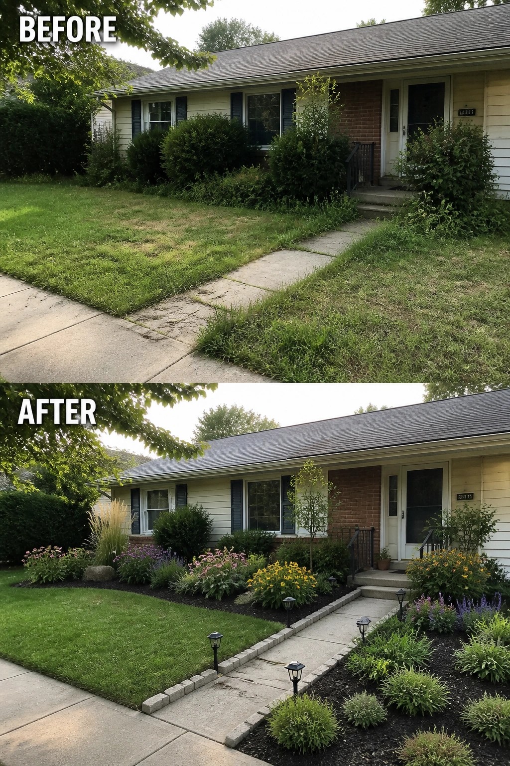 Before and after of house front yard with colorful landscaping and flower beds