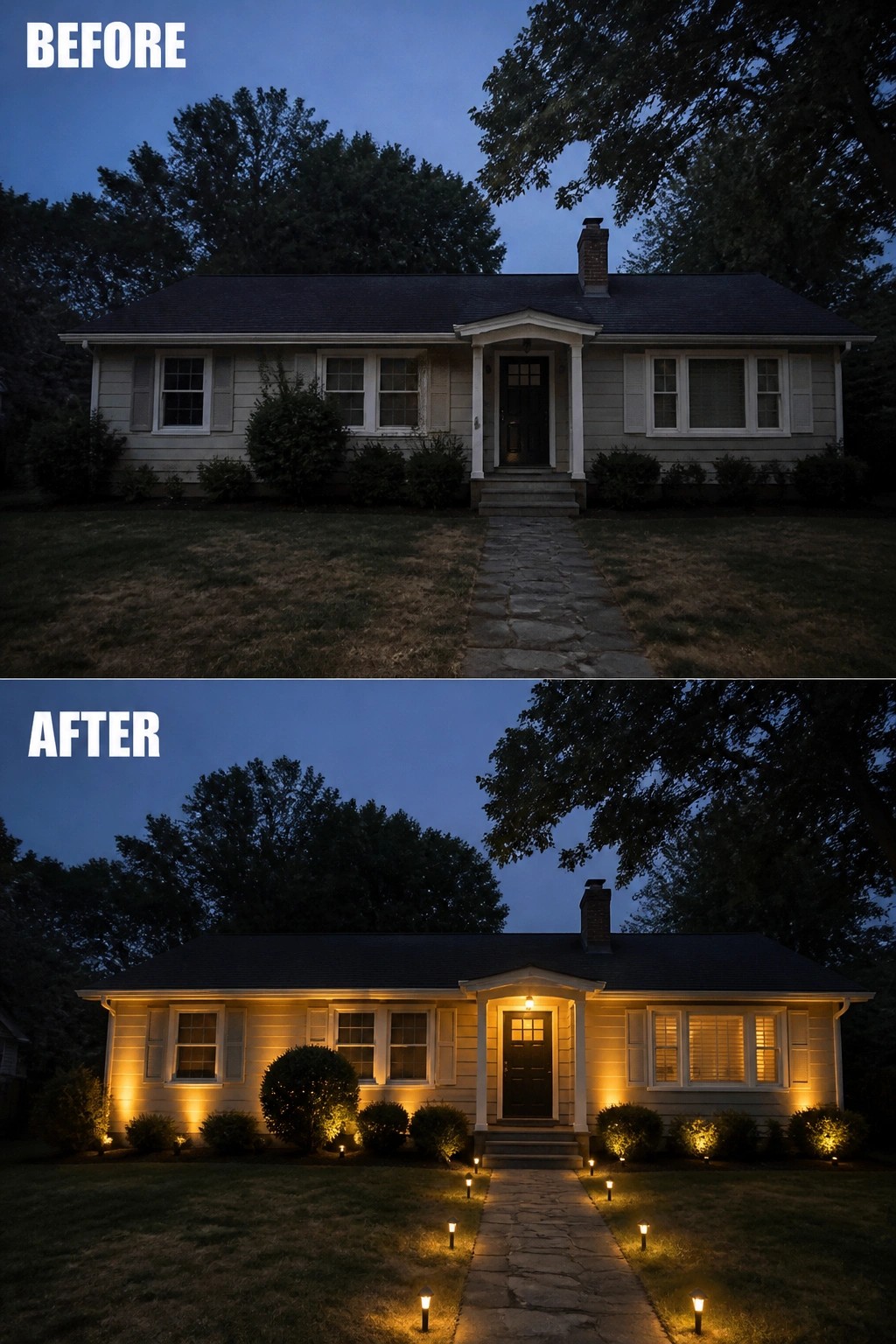 Before-and-after image of a single-story house exterior with added warm outdoor lighting along the path, shrubs, and house facade.