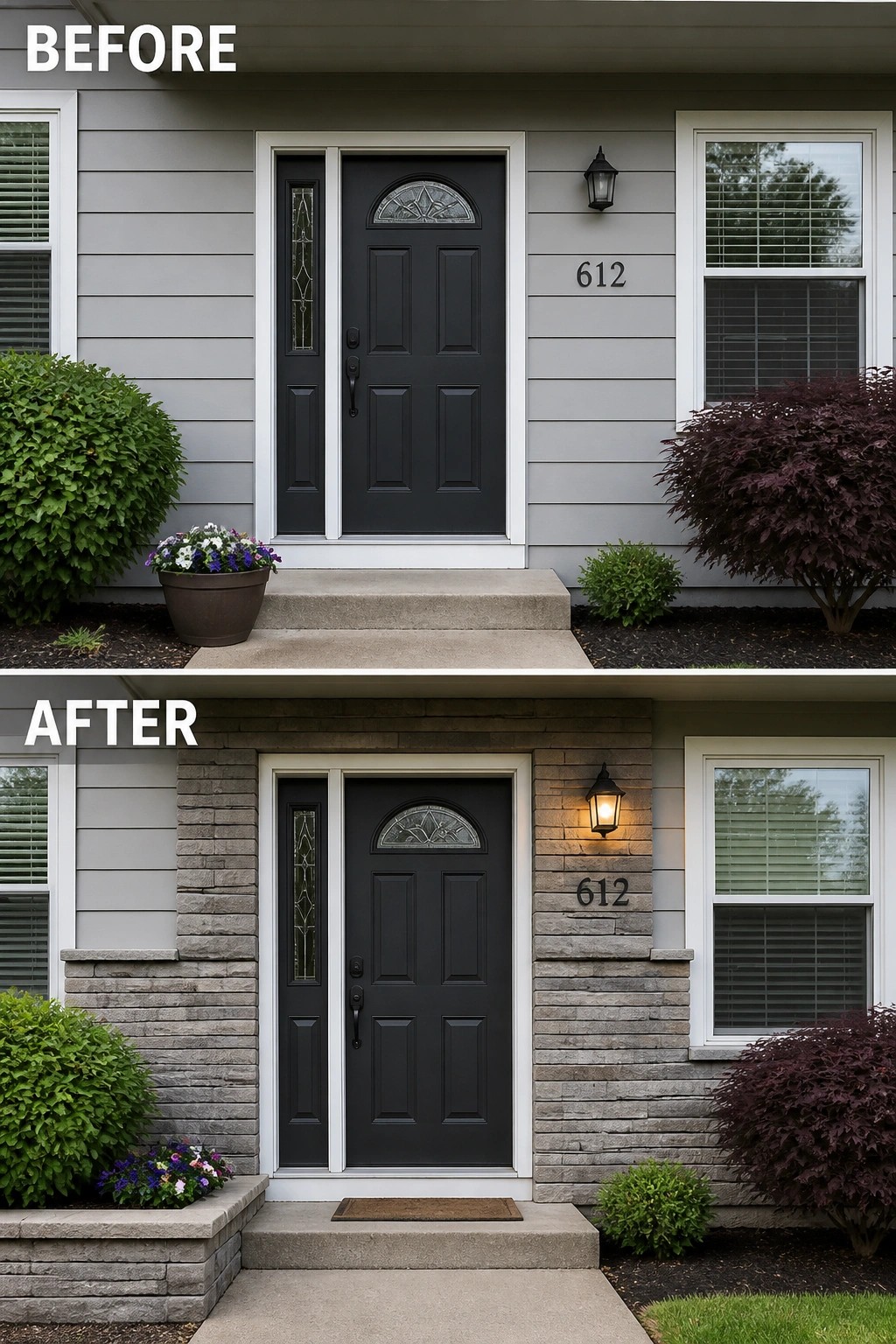 Before-and-after house entrance with added gray stone facade and lit lantern.
