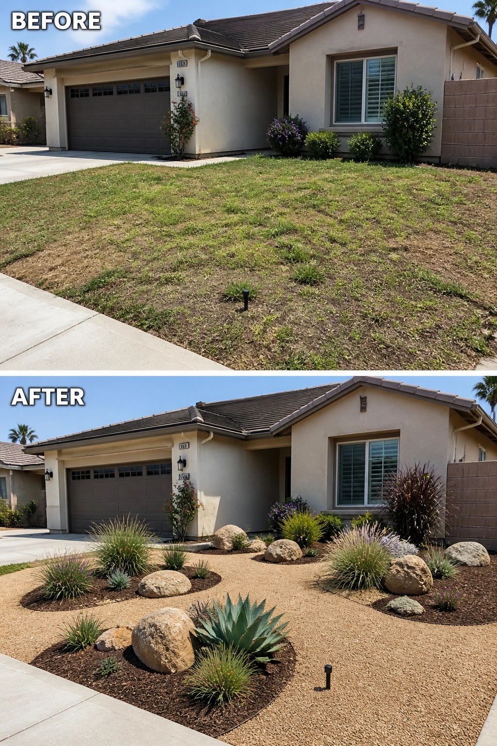 Before and after of front yard converted from patchy grass to rock and plant landscaping.
