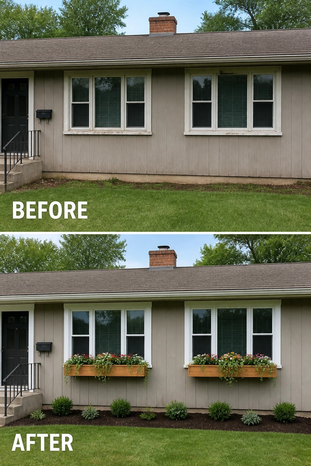 Before and after views of house with added window flower boxes and landscaping.