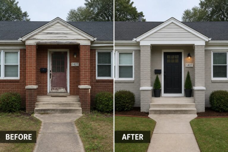 20 Realistic Exterior Before and After Ideas for Homes That Need Better Curb Appeal Before-and-after image of a brick house exterior updated with gray paint, a black front door, new lighting, and added potted plants.