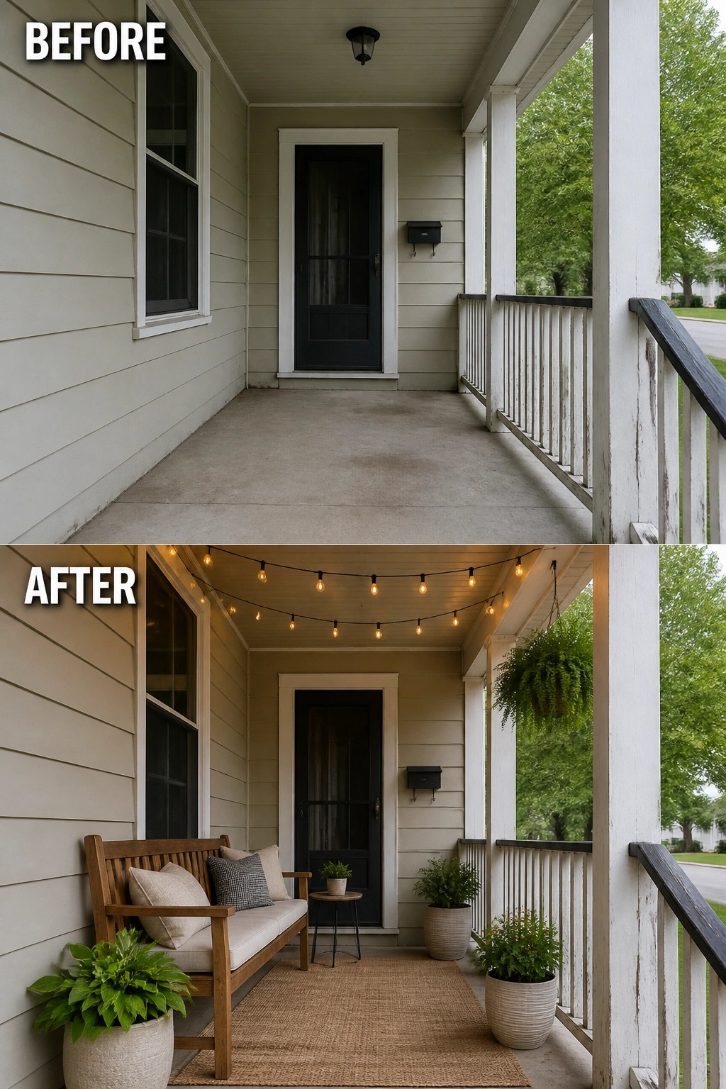 Before and after porch with string lights, bench, plants, and rug.