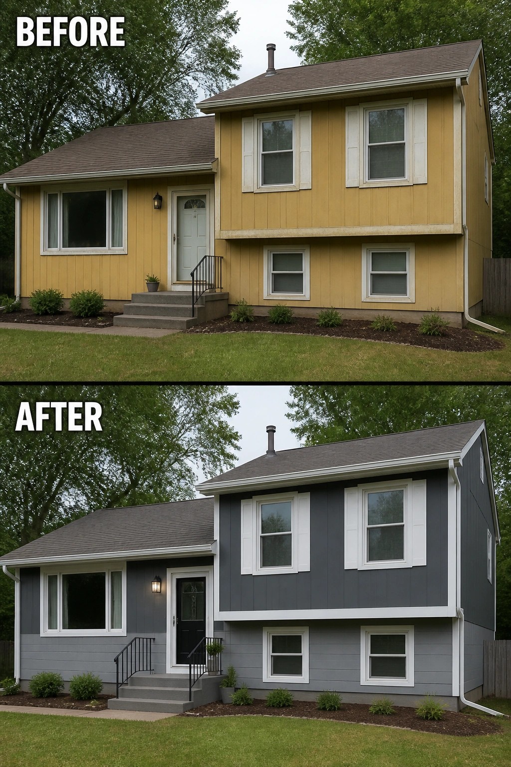 Before and after of yellow house repainted with gray siding and trim.