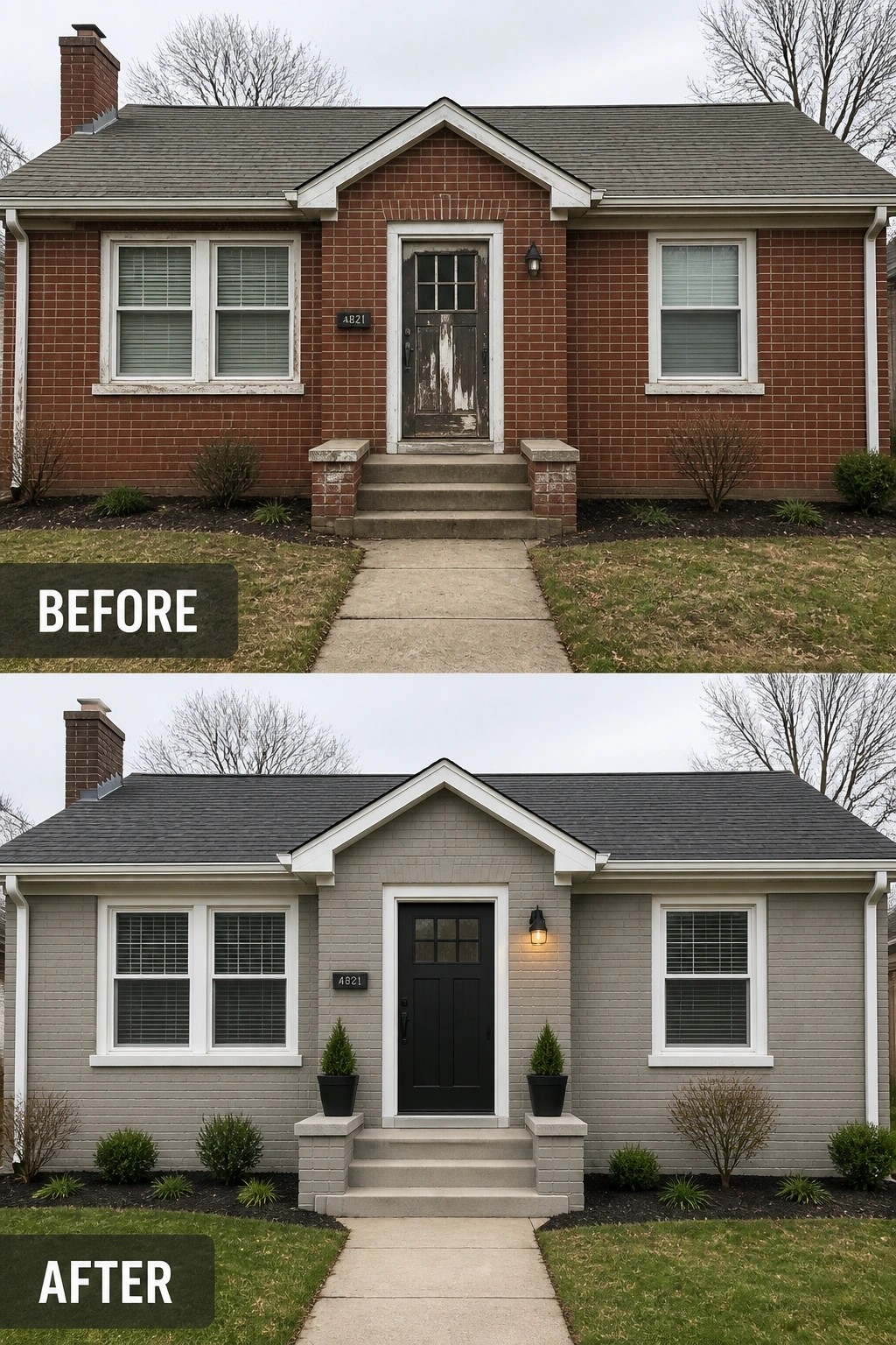 Before-and-after image of a brick house exterior updated with gray paint, a black front door, new lighting, and added potted plants.