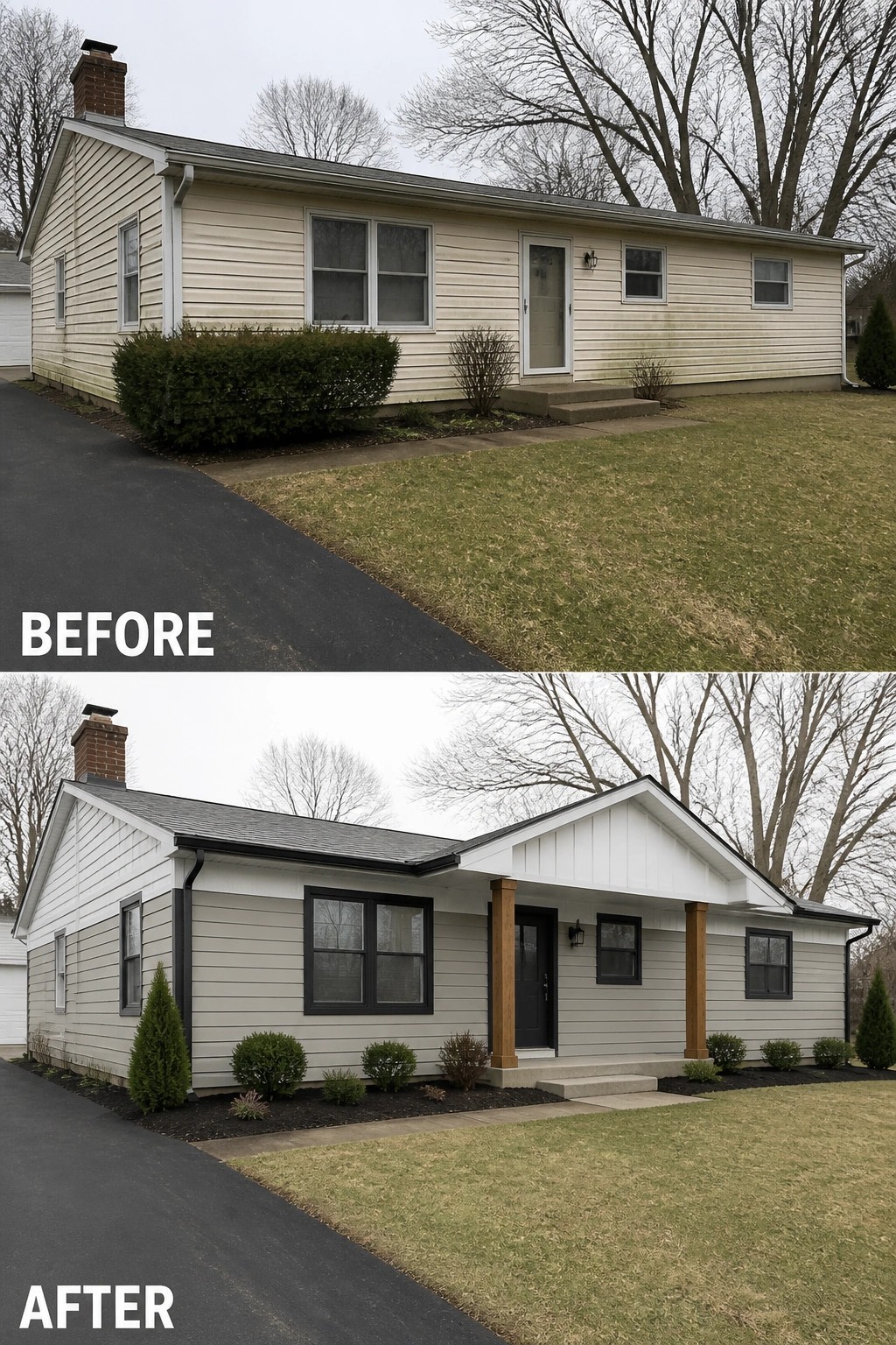 Before and after views of a ranch home with new siding, porch and windows.