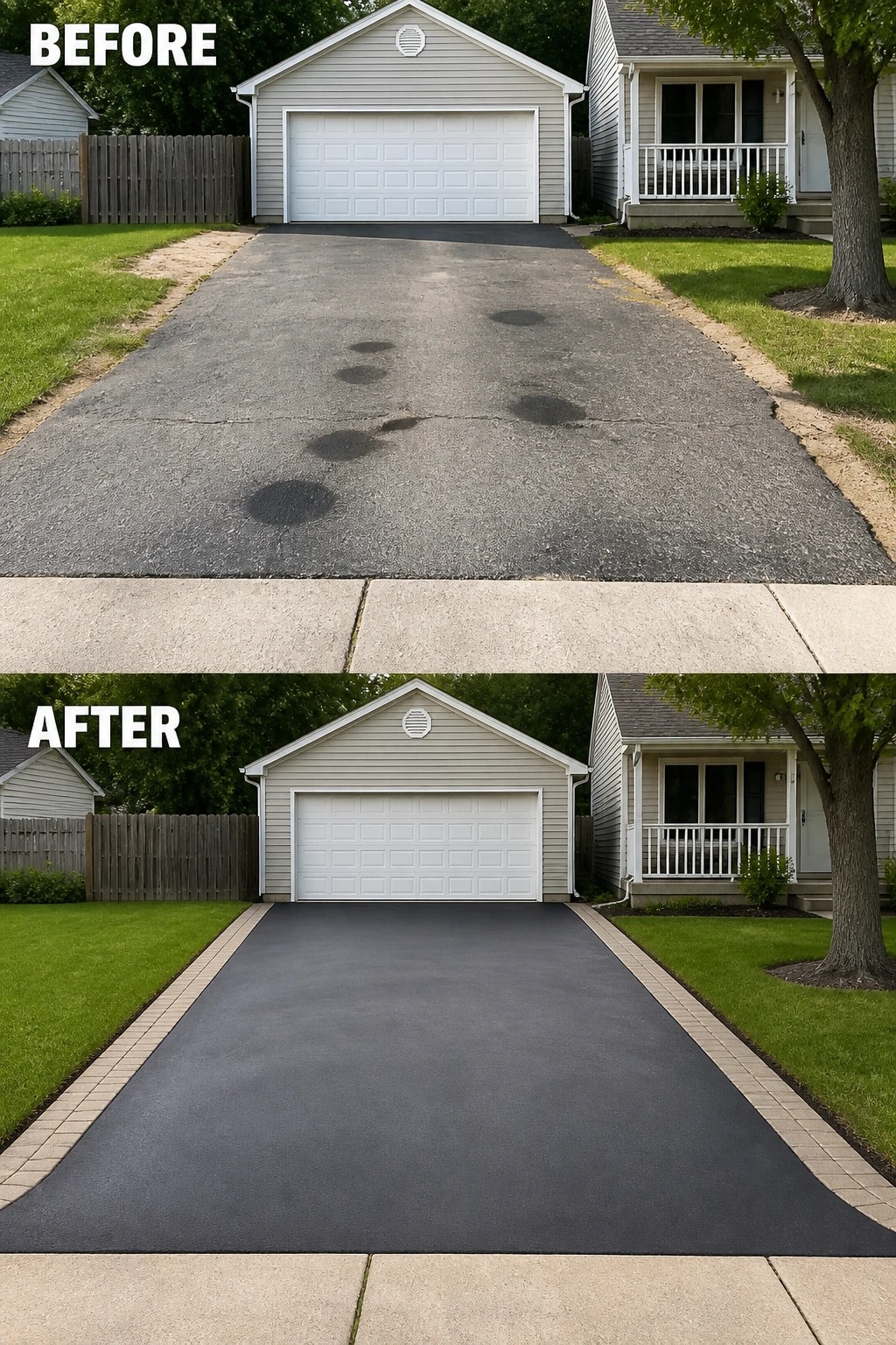 Before-and-after image of a cracked and stained asphalt driveway replaced with a smooth new surface and brick edging along both sides.