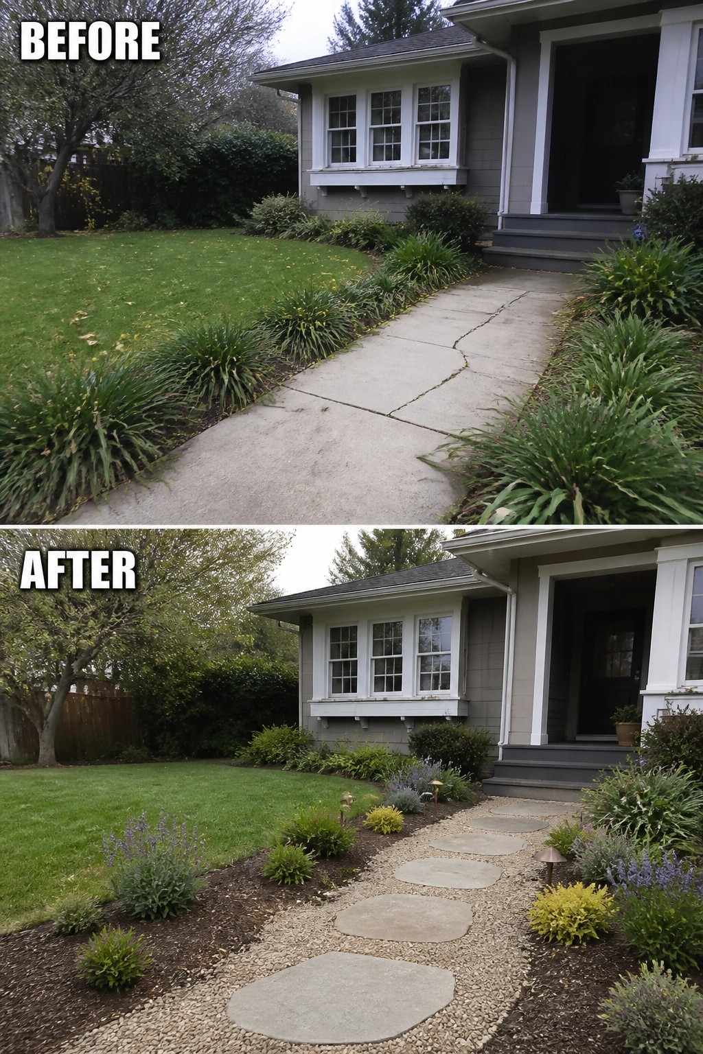 Before and after house walkway renovation with stepping stones and new landscaping