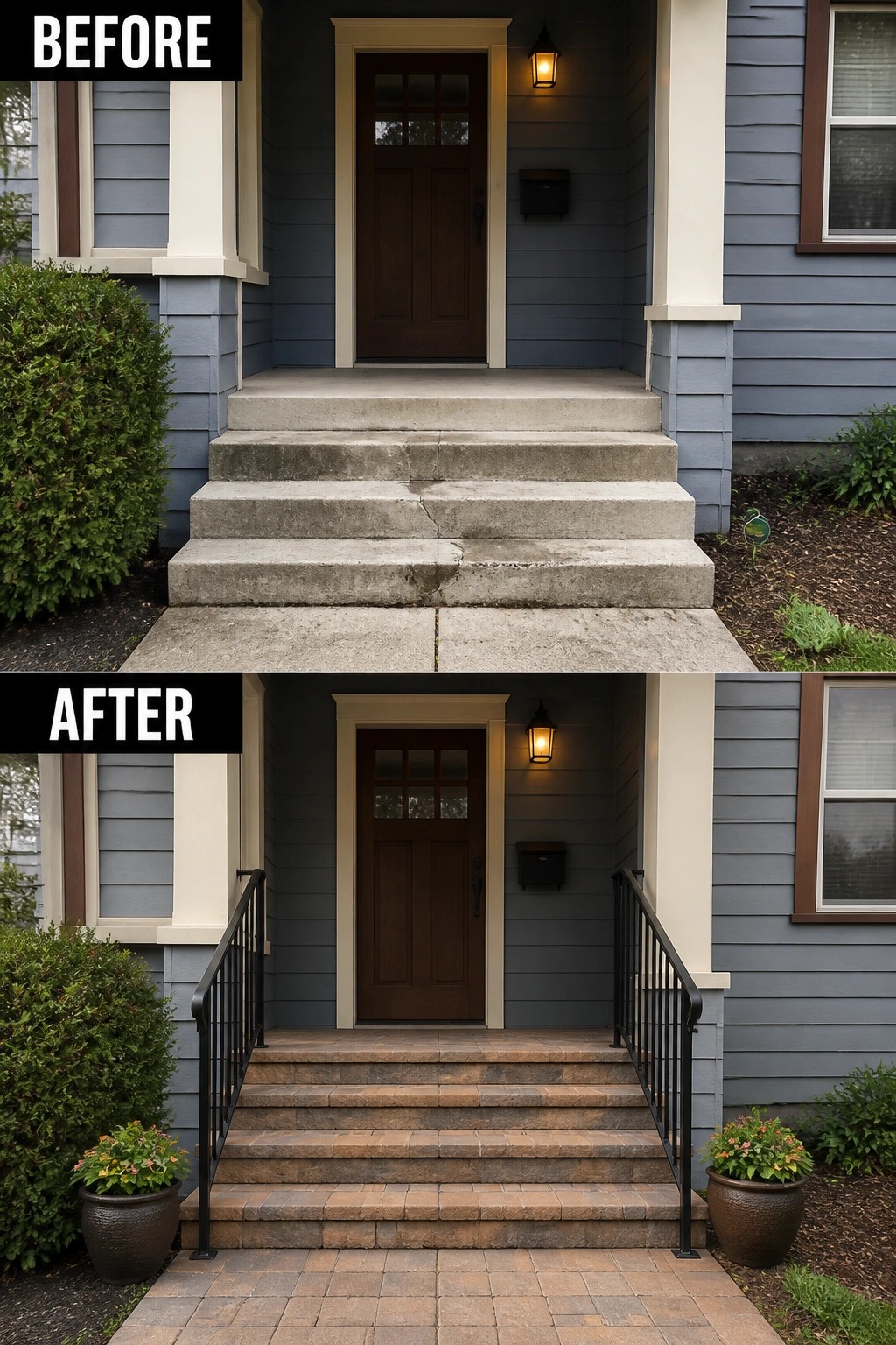 Before cracked concrete stairs and after renovated brick steps with black railings