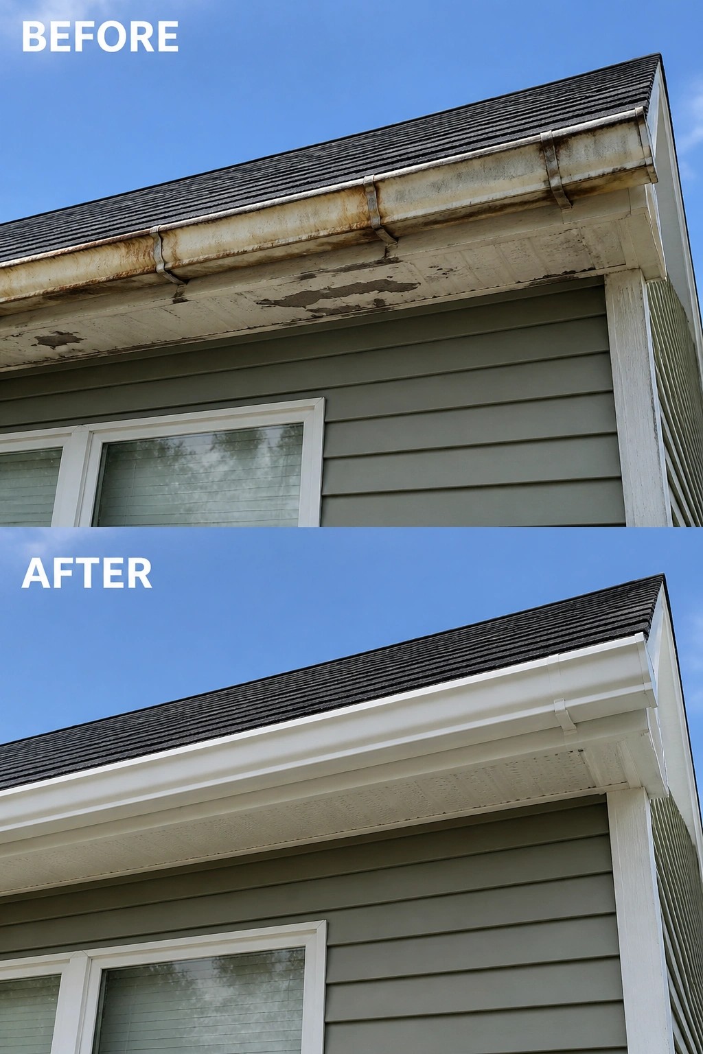 Before-and-after image of a house exterior with rusty gutters and stained trim updated to clean white gutters and fresh trim.