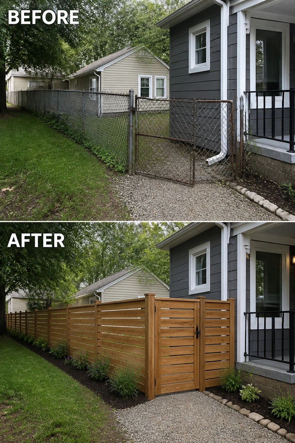 Before and after of chain-link fence replaced by modern wooden slat fence