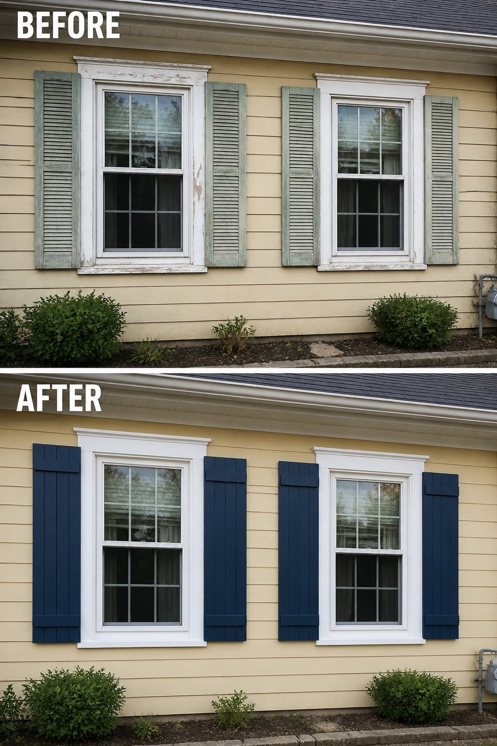 Before-and-after house windows with shutters repainted from faded green to navy blue