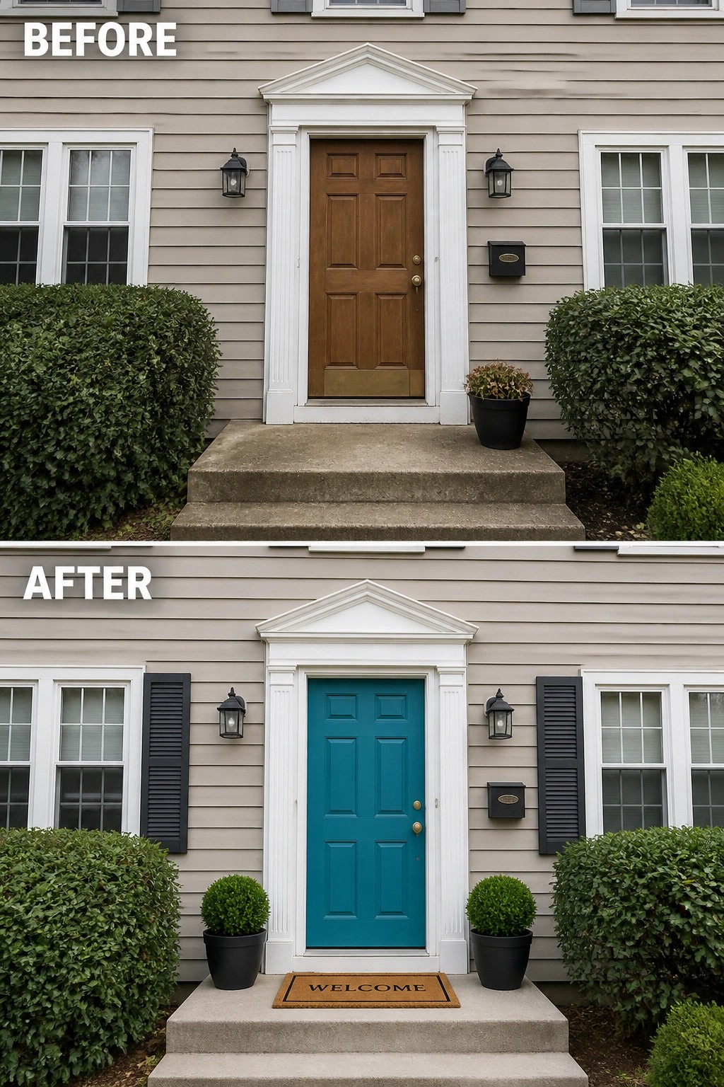 Before-and-after photos of front door painted from brown to teal with new shutters and plants.