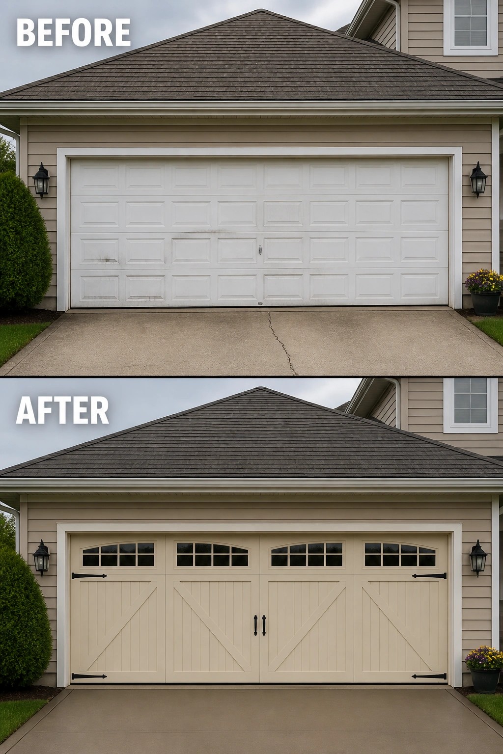 Before and after of white single garage door replaced by beige carriage-style doors.