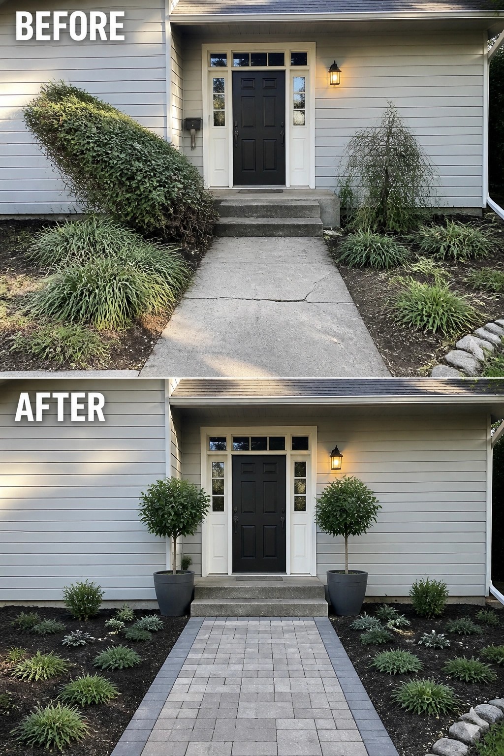Before and after house entrance with new potted plants and brick walkway