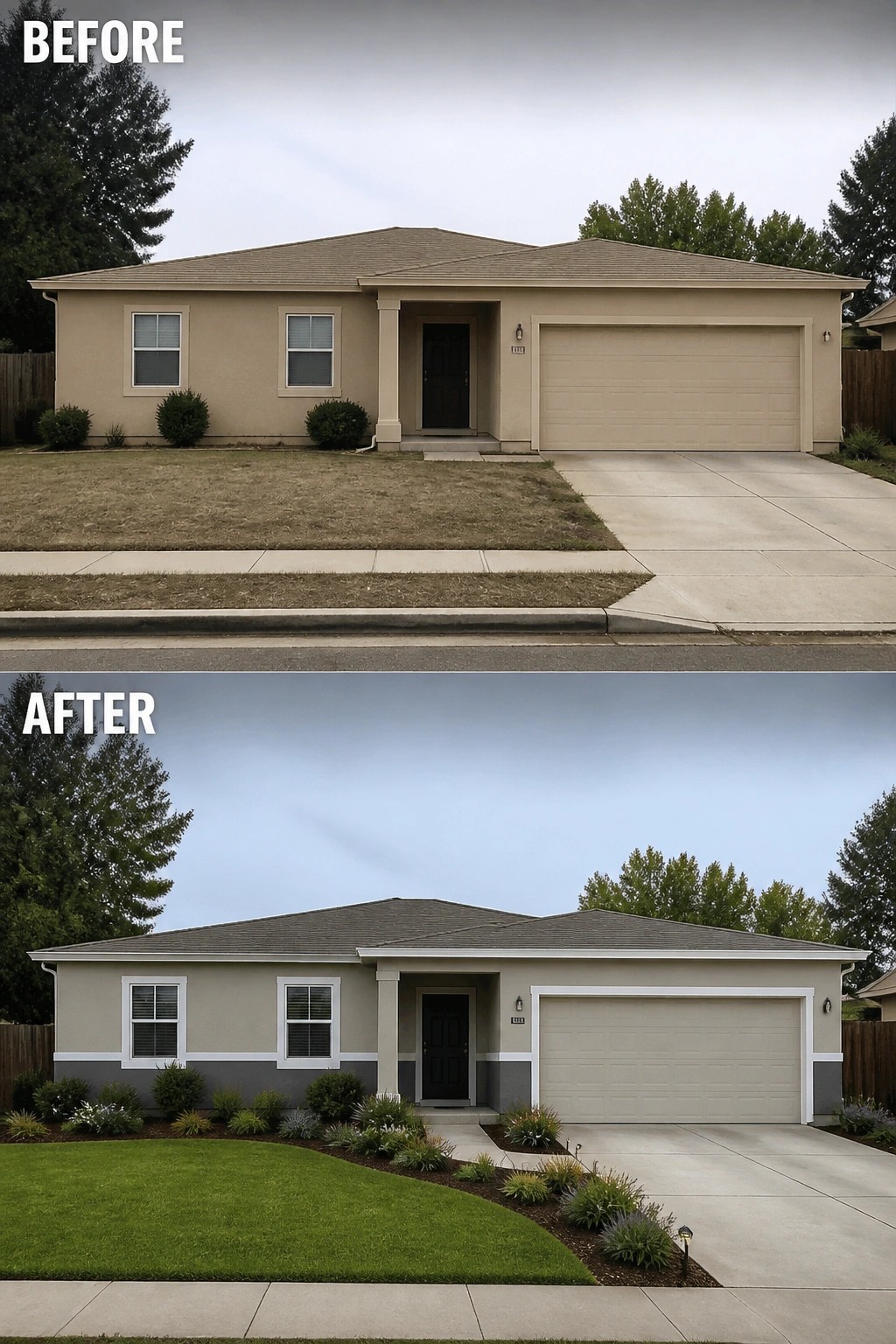 Before and after views of house with updated landscaping, lawn, and paint