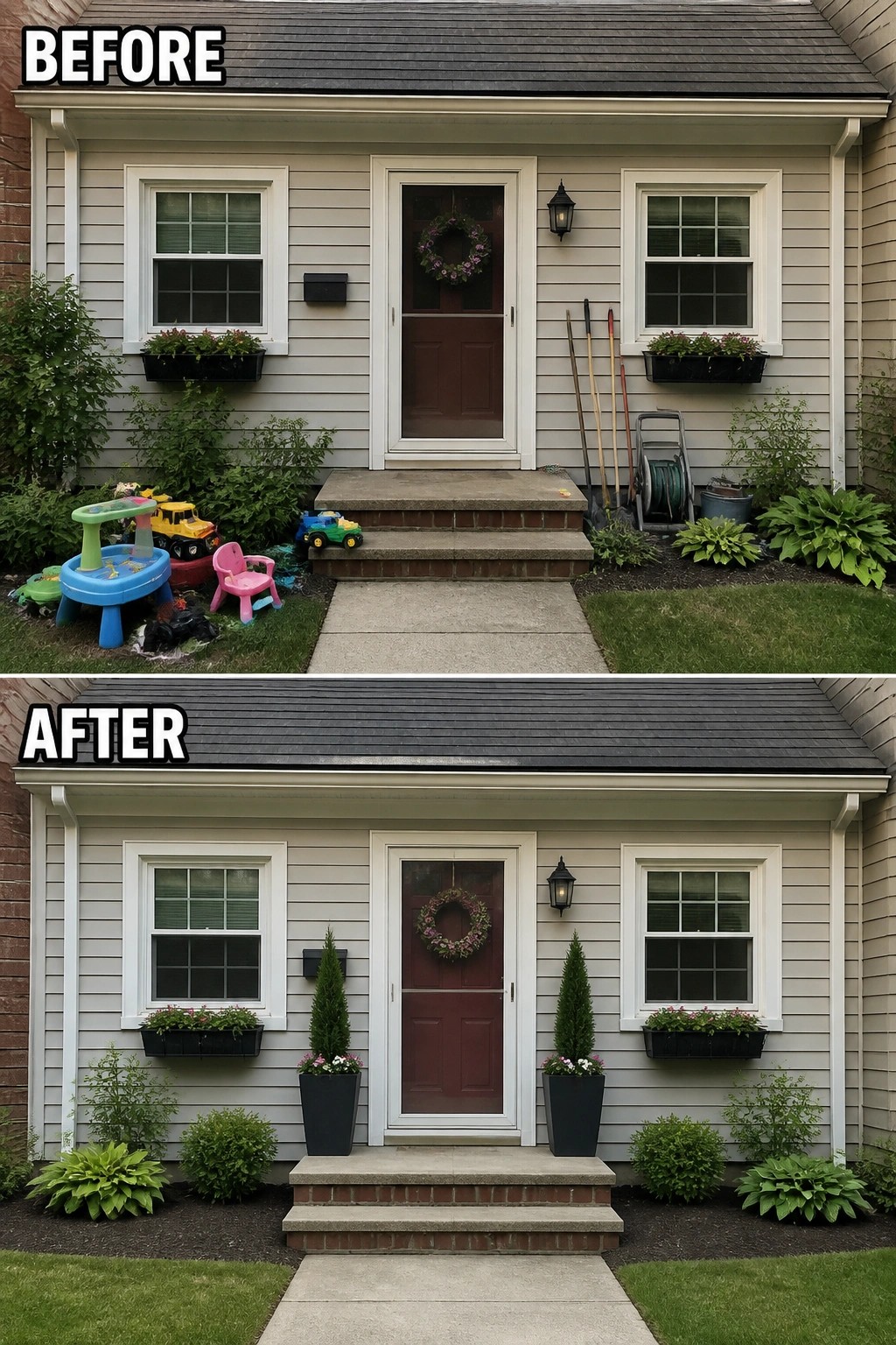 Before and after of house entrance: toys removed, tidy planters and shrubs added