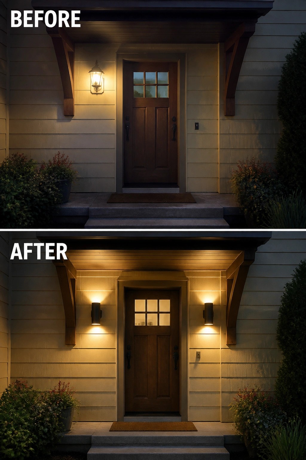 Before and after of wooden door with new wall sconce lights at night.