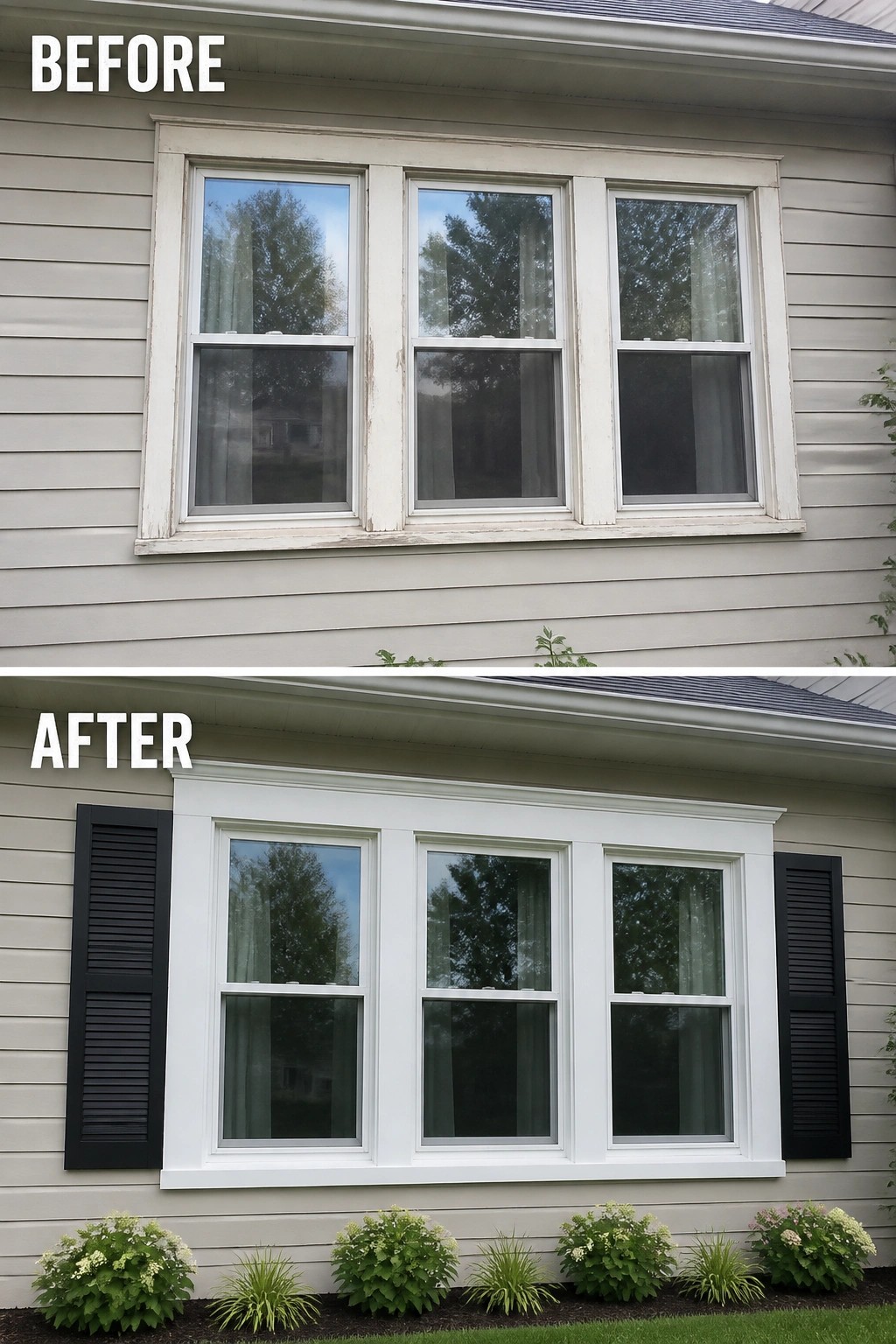Before-and-after house window with fresh white trim, black shutters, and added landscaping.