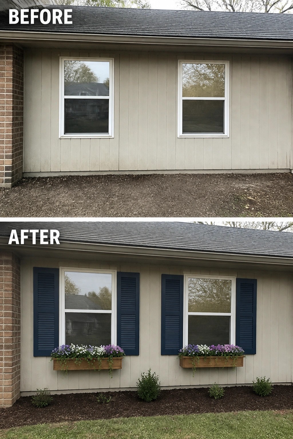 Before and after of house windows with added navy shutters and flower boxes.