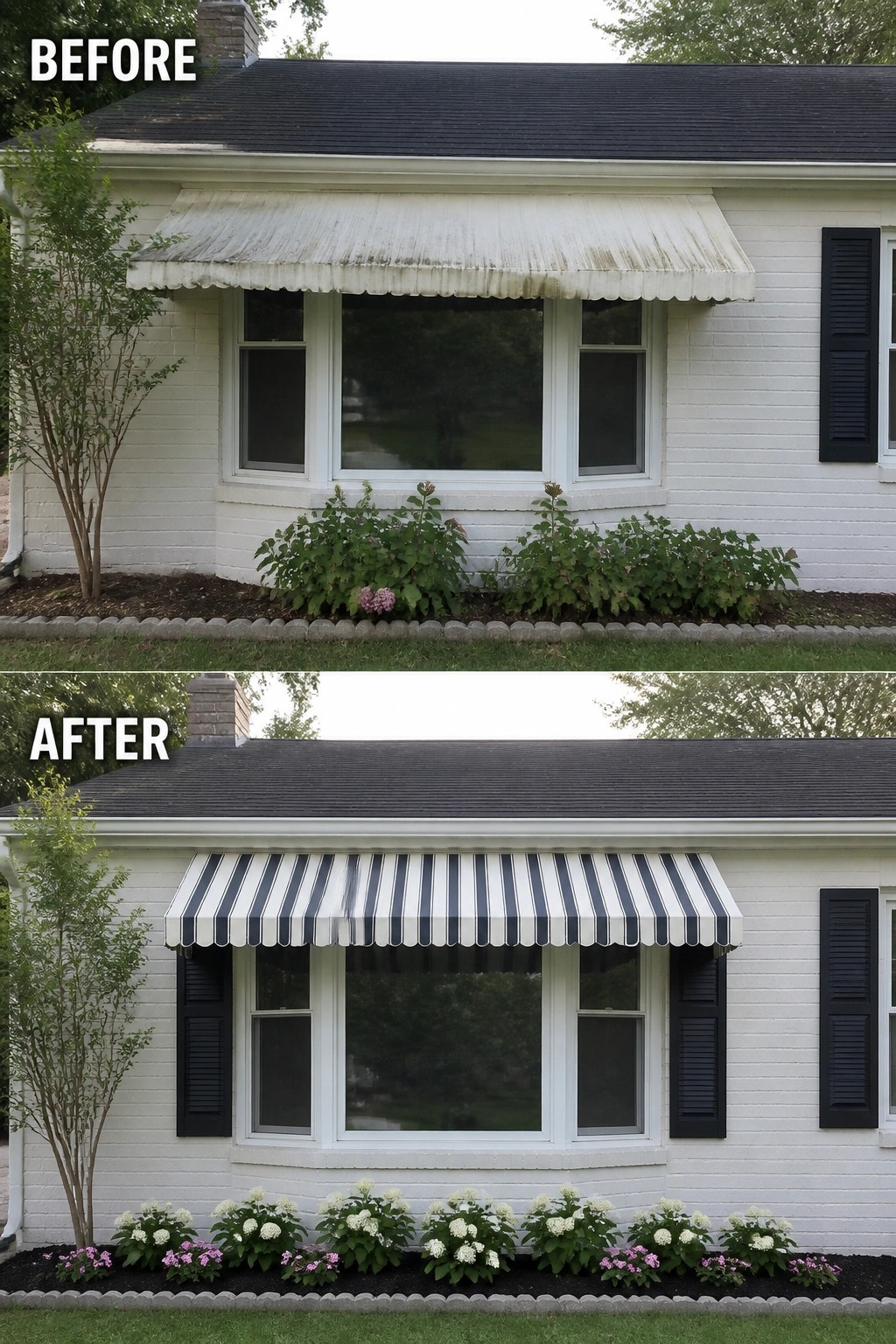 Before and after of house with new striped awning and blooming garden