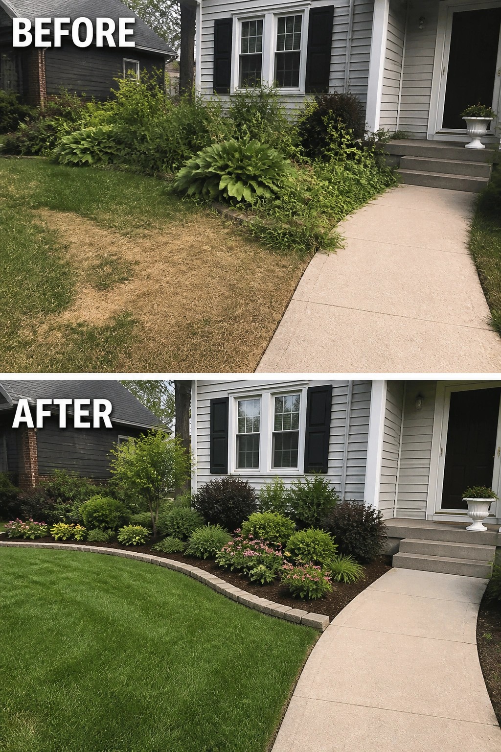 Before and after house front yard with new landscaping, flowers and green lawn.