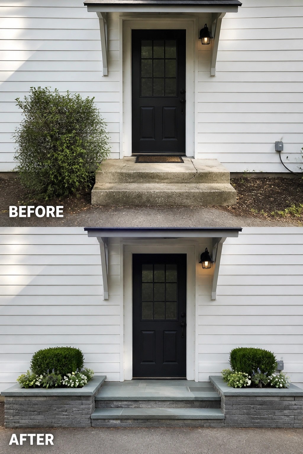 Before-and-after image of a house front entry showing worn concrete steps replaced by stone and matching planters added on both sides of the door.