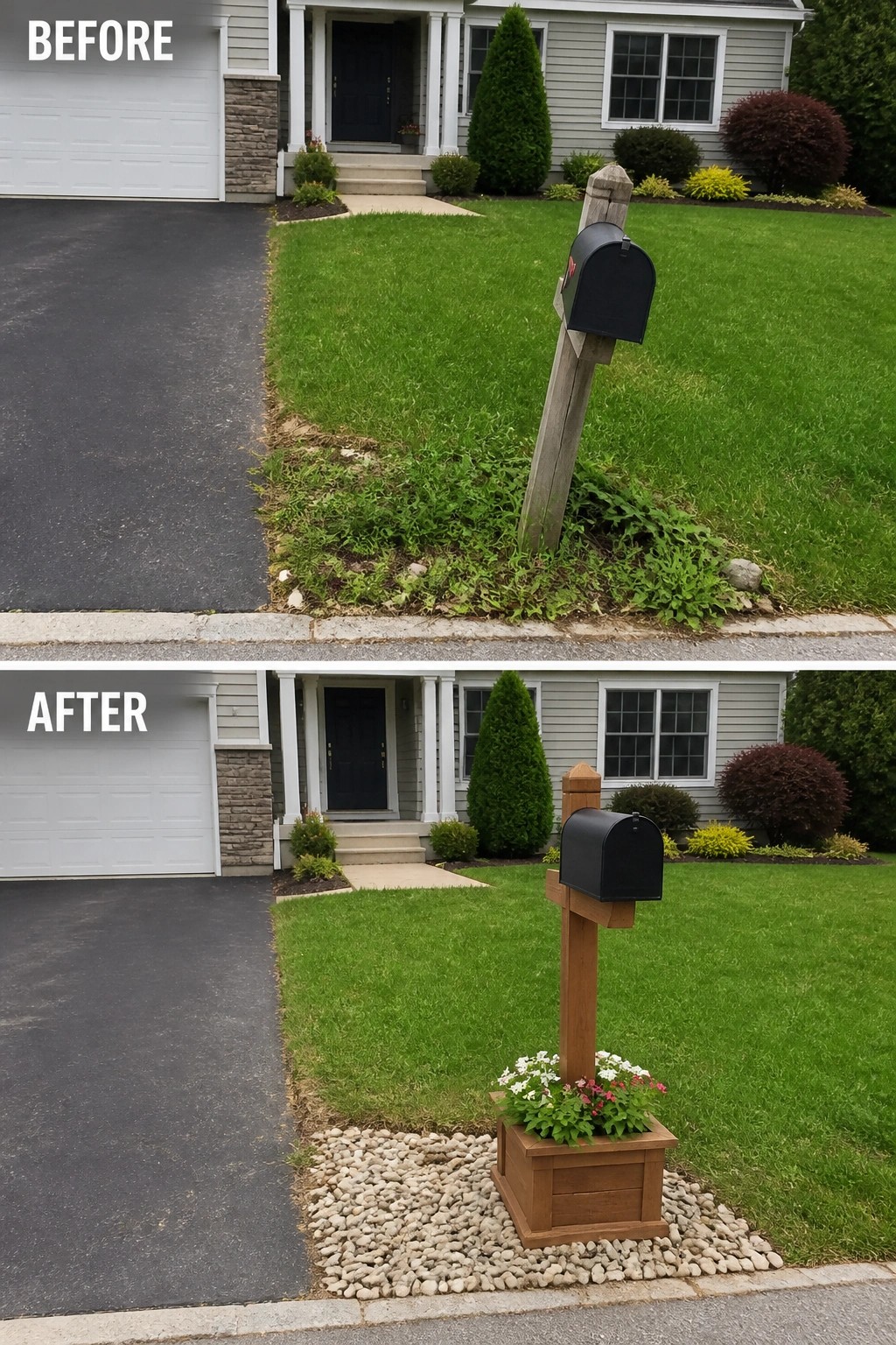 Before and after of tilted mailbox post upgraded with flower box and gravel bed.