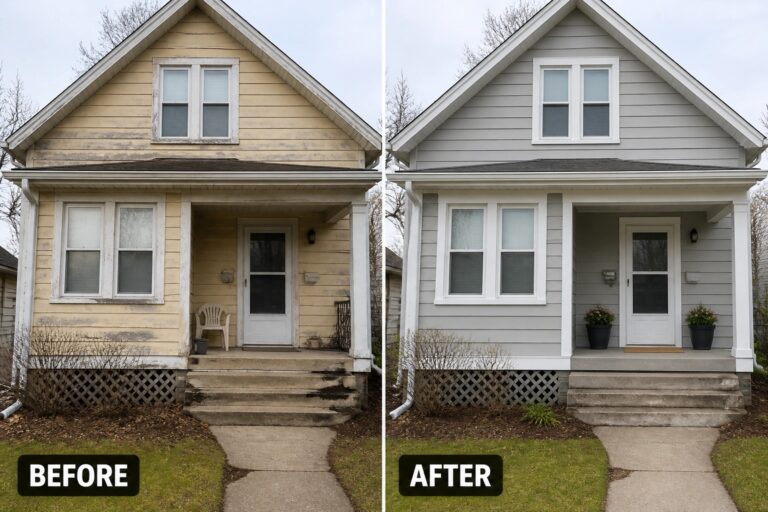 20 Simple Facade Refresh Ideas for A Cleaner, More Balanced Exterior Before and after of house exterior repainted from beige to light gray with new plants.