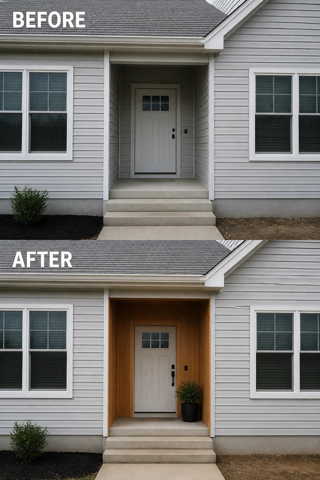 Before-and-after image of a house front entry updated with wood paneling around the door and a potted plant added at the base.