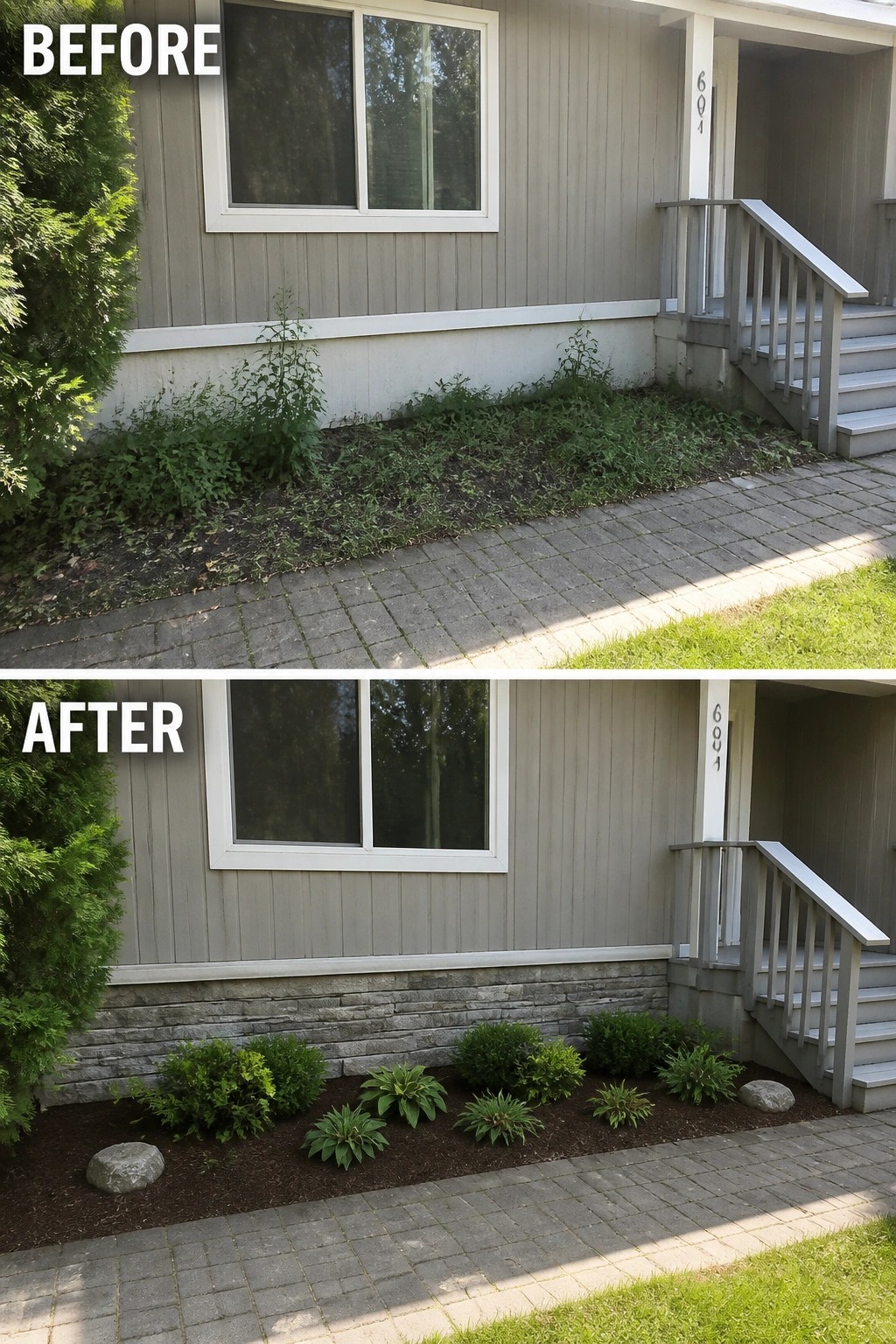 Before-and-after house exterior: overgrown weeds replaced by mulched shrubs and stone veneer.
