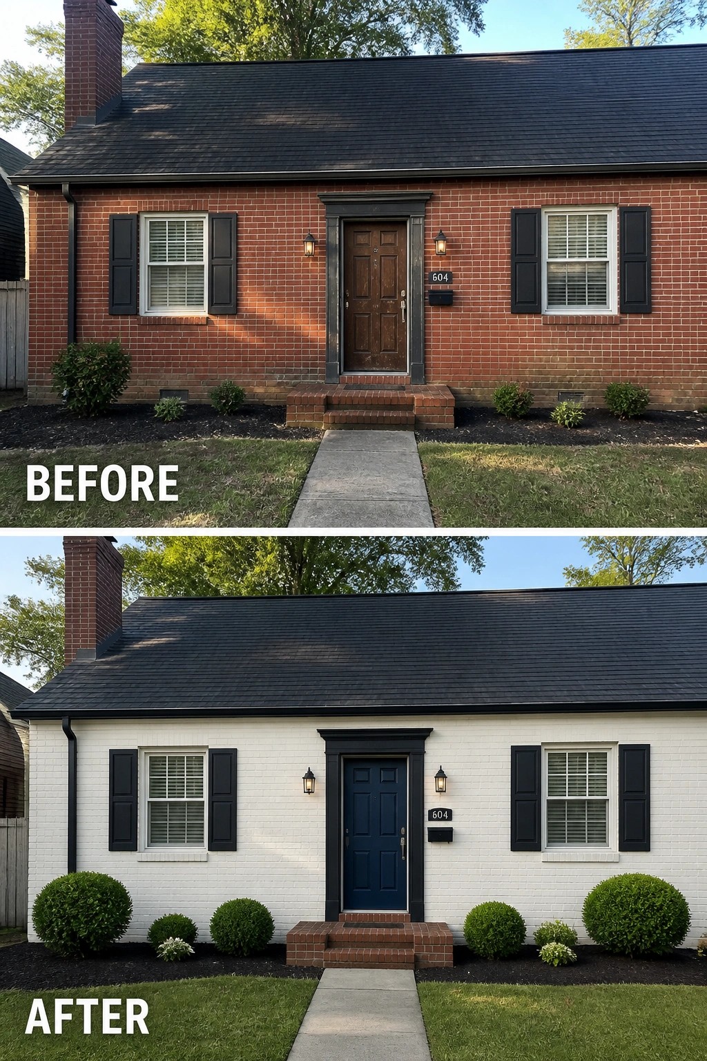 Before-and-after image of a red brick house painted white with a changed front door color and updated landscaping.