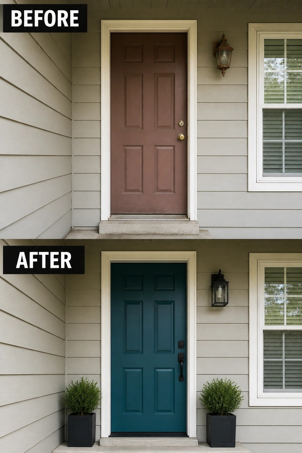 Before-and-after image of a front door changed from brown to deep teal with two planters added on either side.