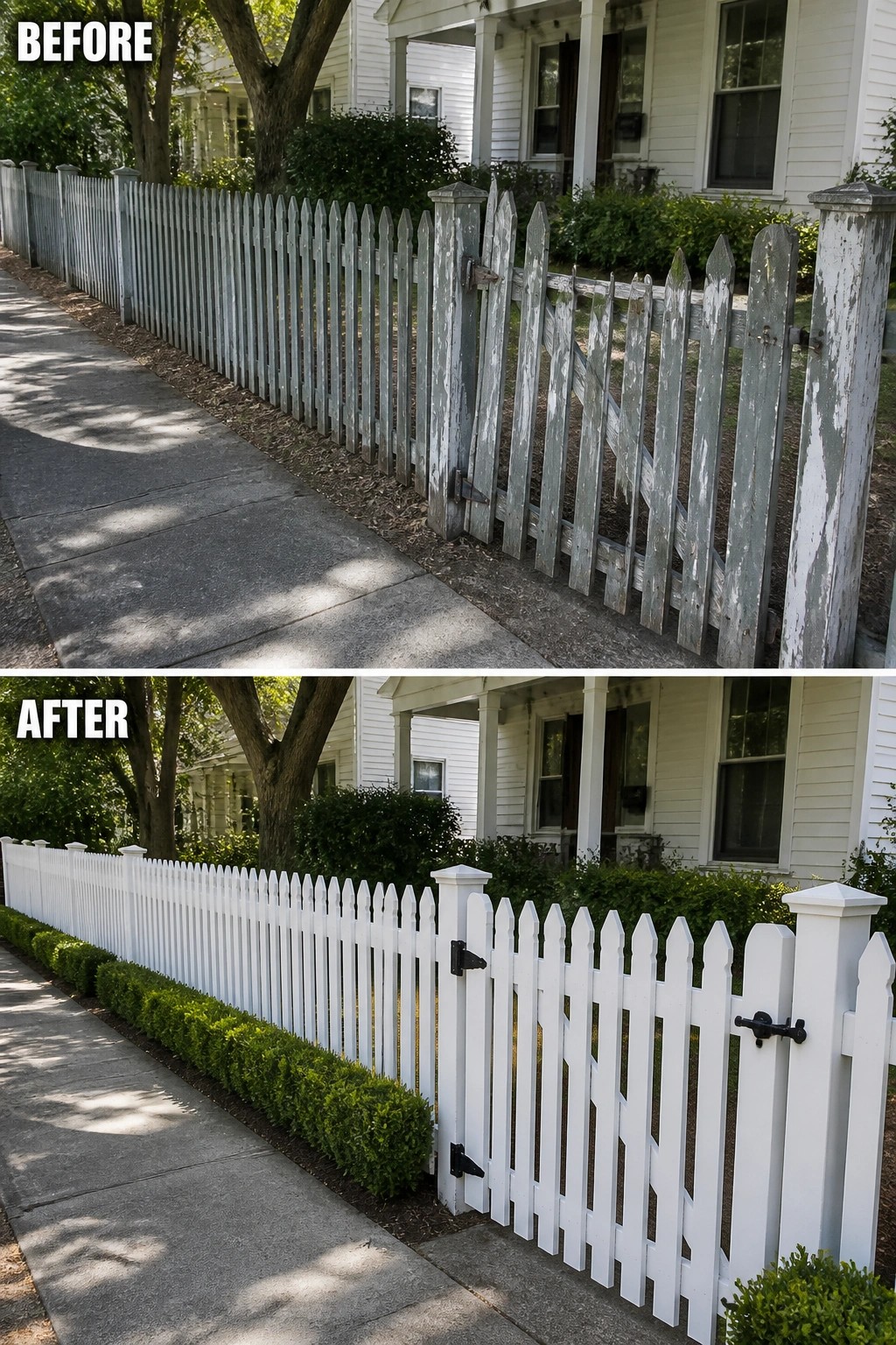 Before-and-after of peeling gray picket fence repainted bright white along sidewalk.