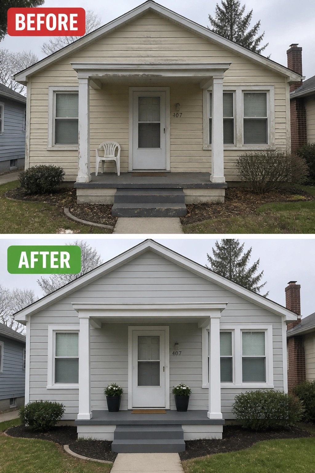 Before and after of house exterior repainted from beige to light gray with new plants.