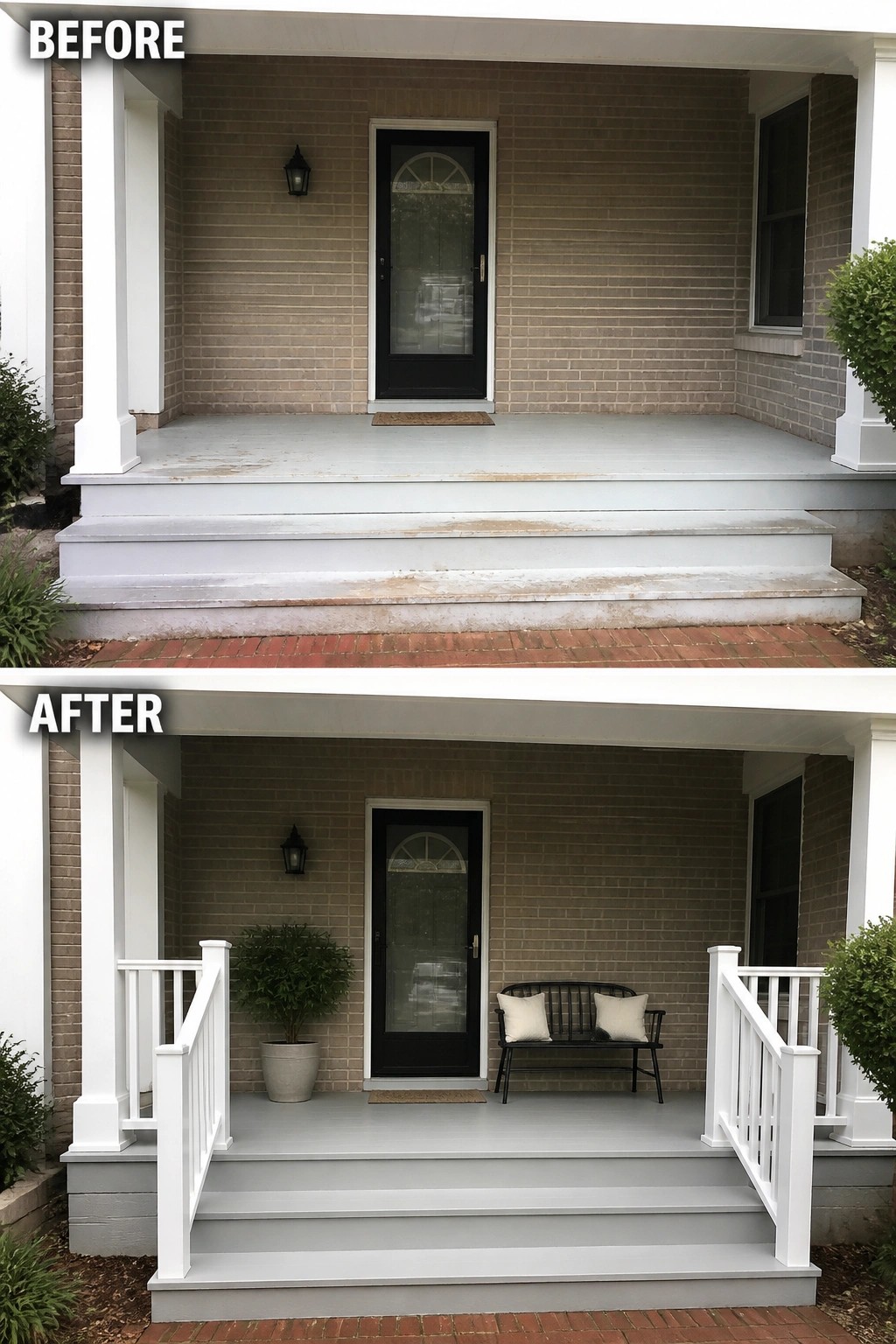 Before-and-after image of a bare front porch updated with white railings on both sides, a black bench with cushions, and a potted shrub.