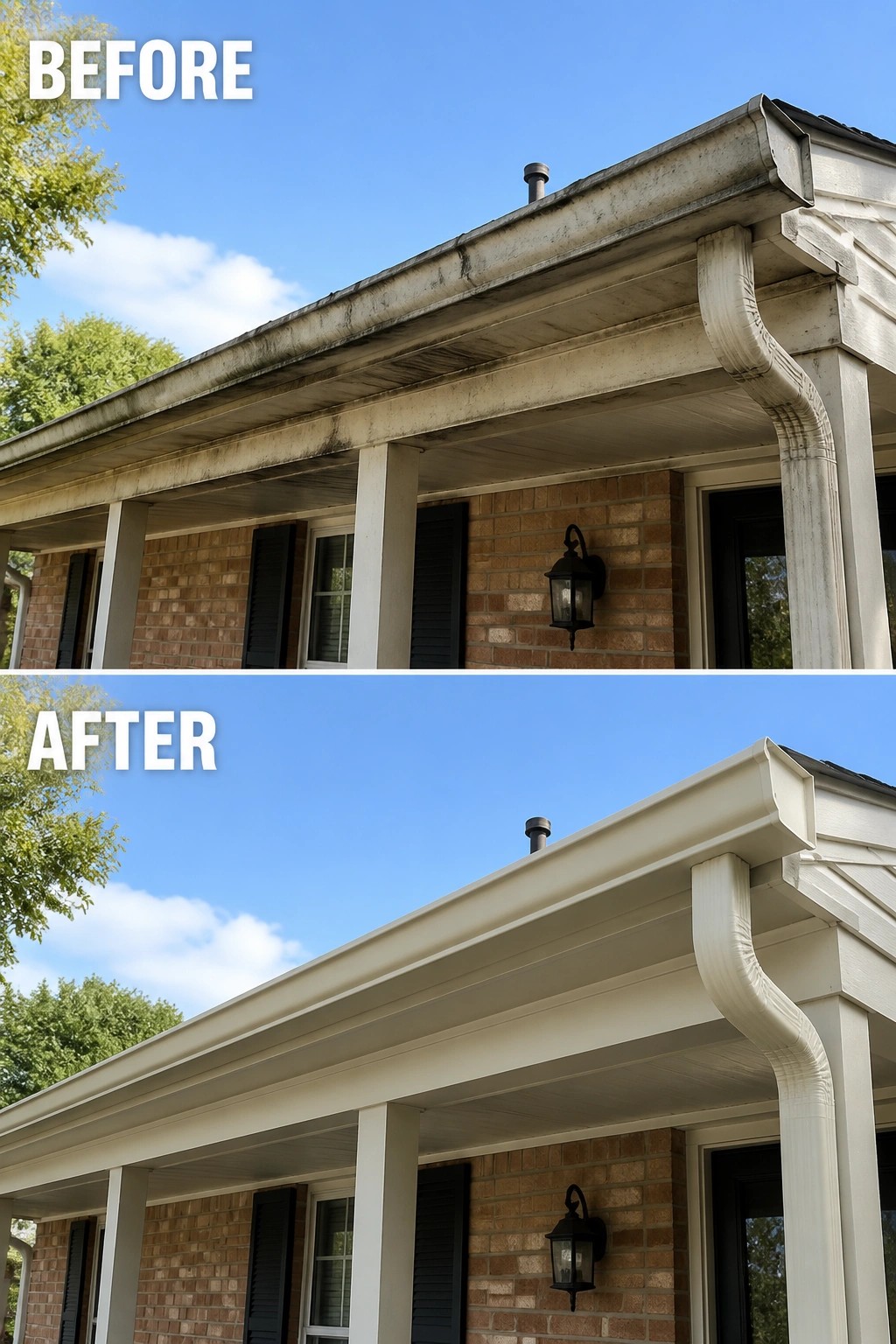 Before and after of stained versus clean white gutters on brick house porch.