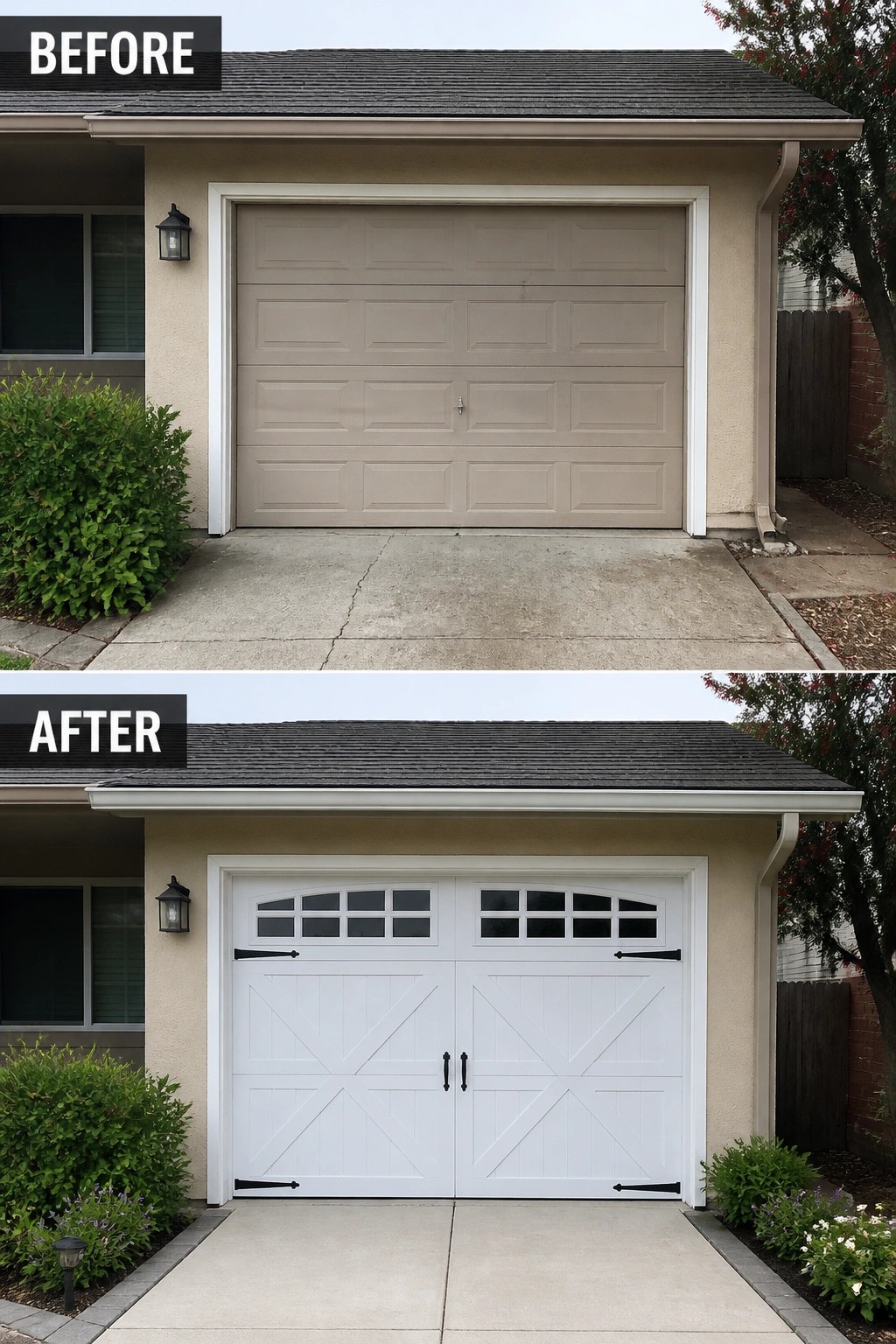Before and after of beige garage door replaced by white carriage-style doors.