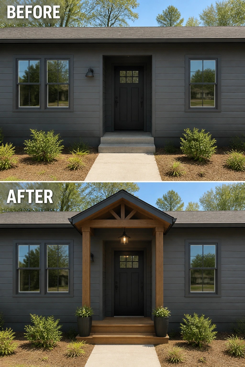 Before and after of gray house with new wooden gabled porch and steps