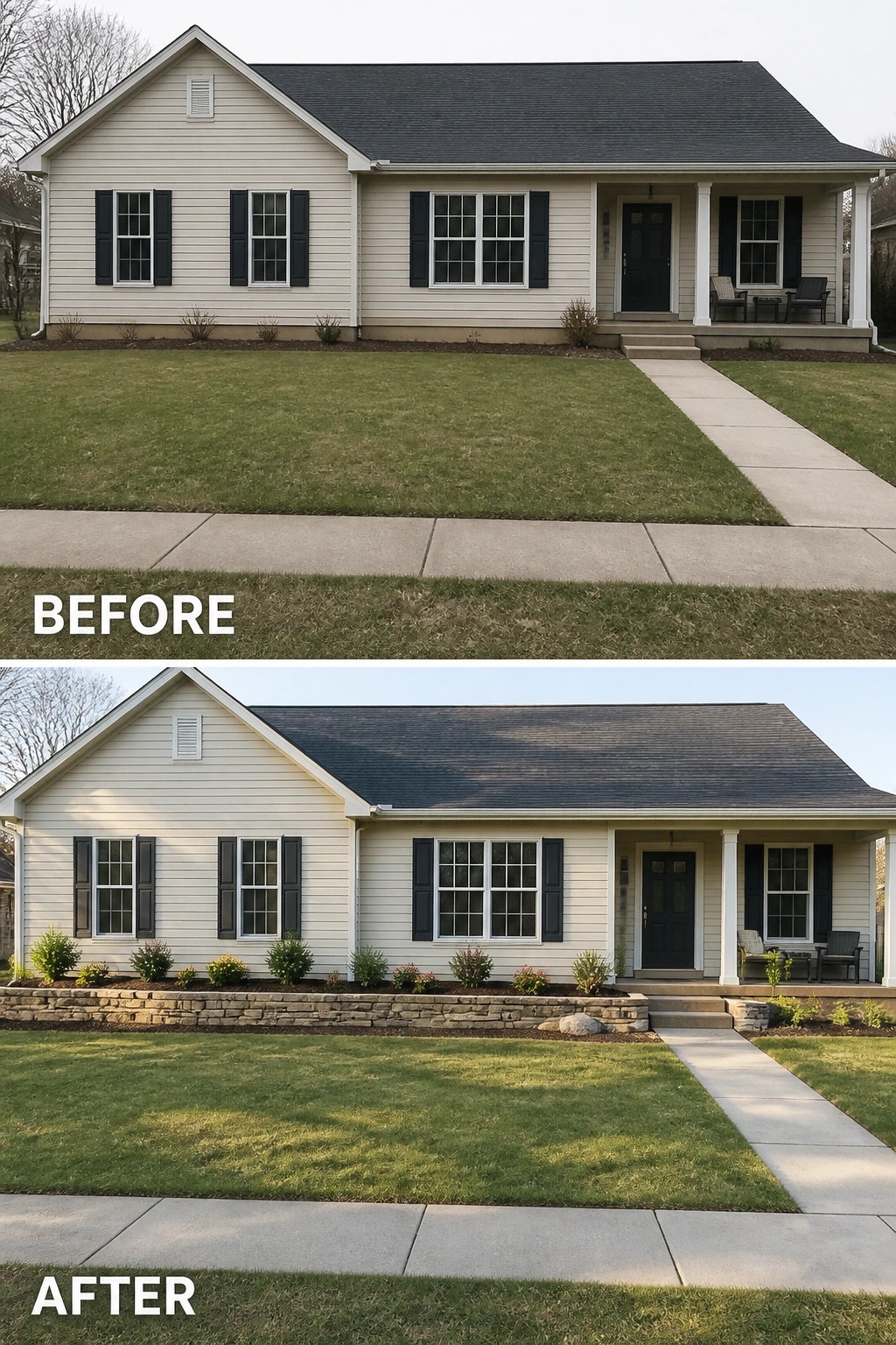 Before-and-after image of a house exterior updated with a stone retaining wall and foundation plantings.