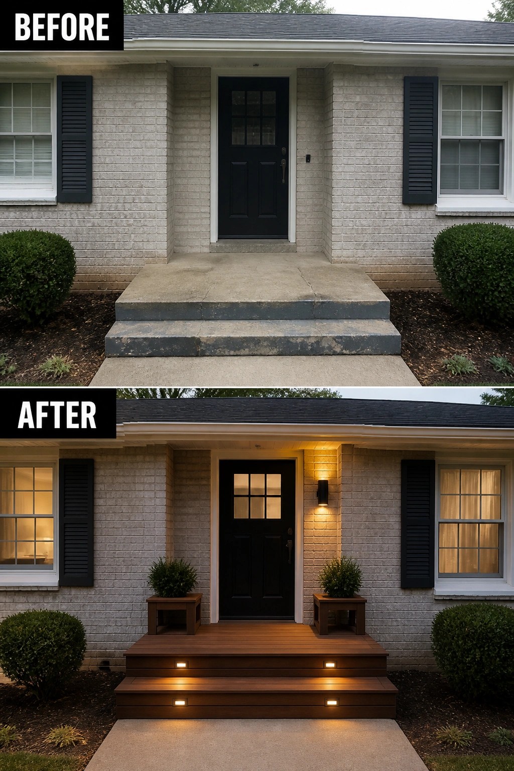 Before-and-after image of a house entry updated from plain concrete steps to a wooden deck with lighting and planters.
