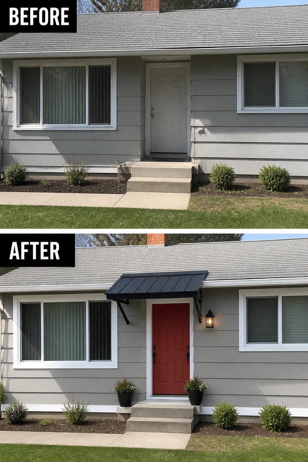 Before-and-after house exterior with red door, black awning, and potted plants.