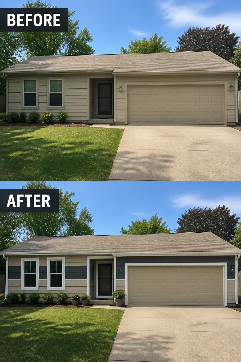Before-and-after image of a plain beige house exterior updated with dark siding accents around the windows and garage plus white trim.