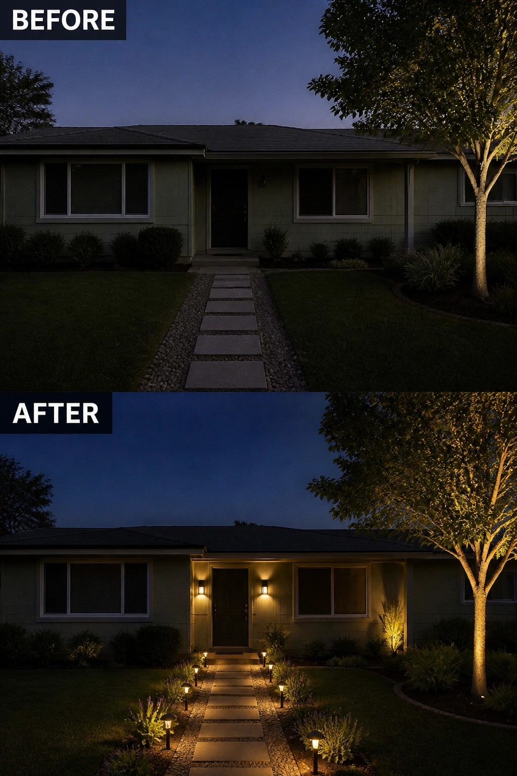 Before-and-after image of a house exterior at night showing added pathway lights, wall sconces by the door, and uplighting on the tree.